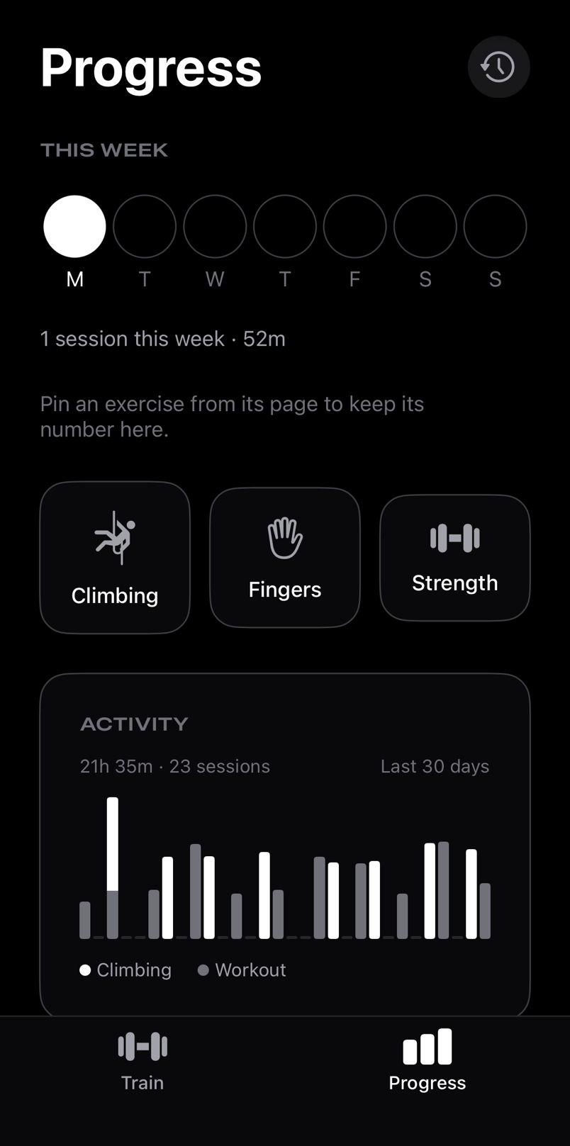 The Progress tab: this week's sessions, Climbing, Fingers and Strength pages, and a 30-day activity chart.